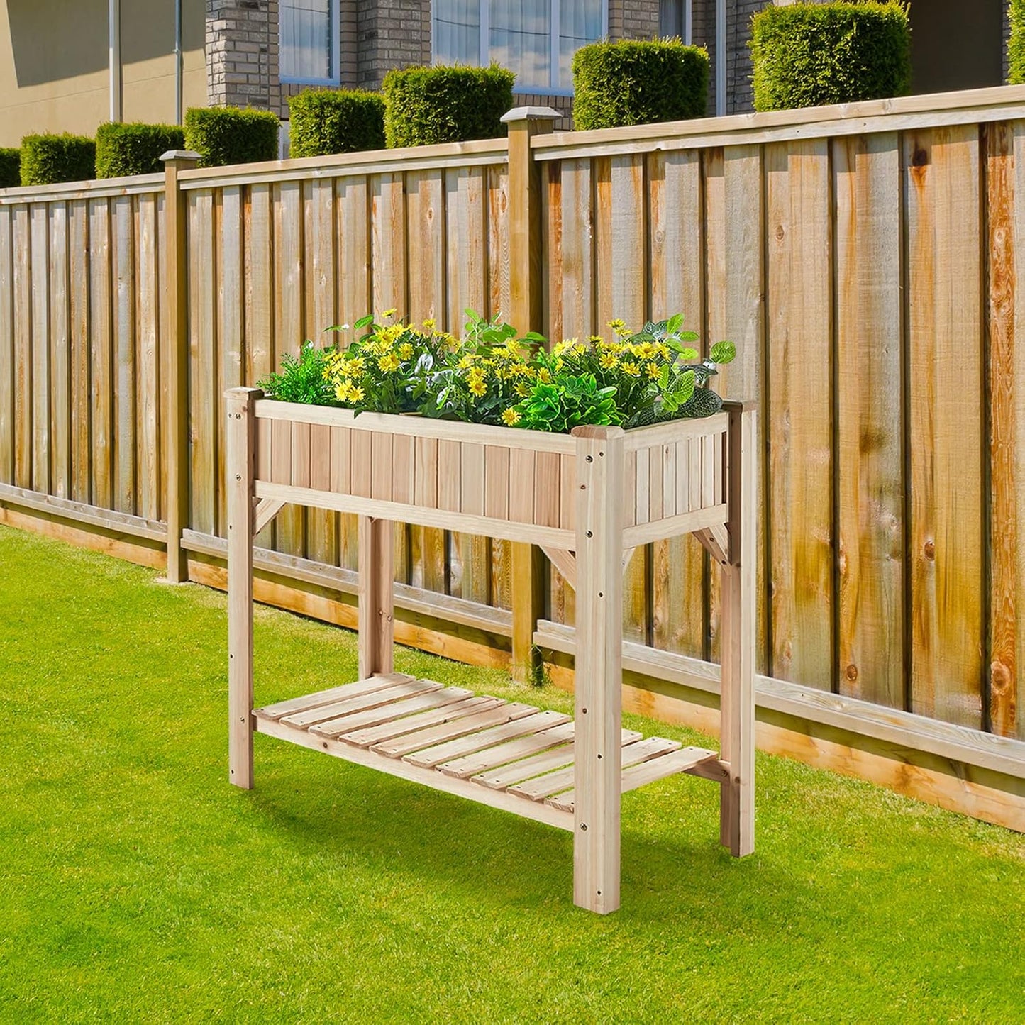 Raised Garden Bed with Legs 36.3X36.3X24 Inch - Herb Planter with Divider Liner Flower Herb Wood Planter with Storage Shelves for Backyard Patio Extra Gloves 3 Tools 8 Grow Area 20 T-Tag