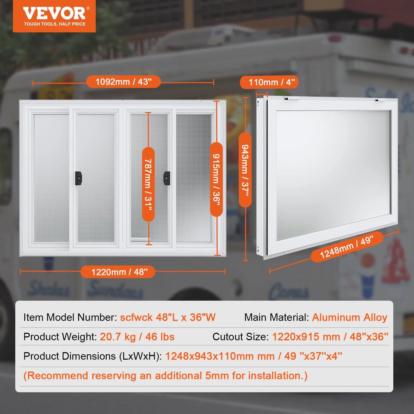 VEVOR Concession Window 48X36, Aluminum Alloy Food Truck Service Window with 4 Horizontal Sliding Windows & Awning Door & Drag Hook, up to 85 Degrees Serving Window for Food Truck Concession Trailer