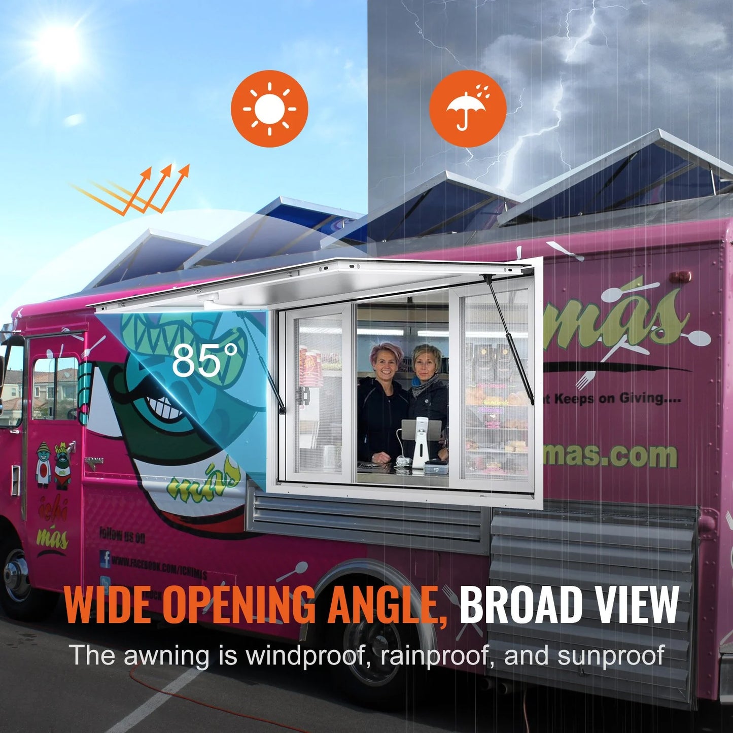 VEVOR Concession Window 48X36, Aluminum Alloy Food Truck Service Window with 4 Horizontal Sliding Windows & Awning Door & Drag Hook, up to 85 Degrees Serving Window for Food Truck Concession Trailer