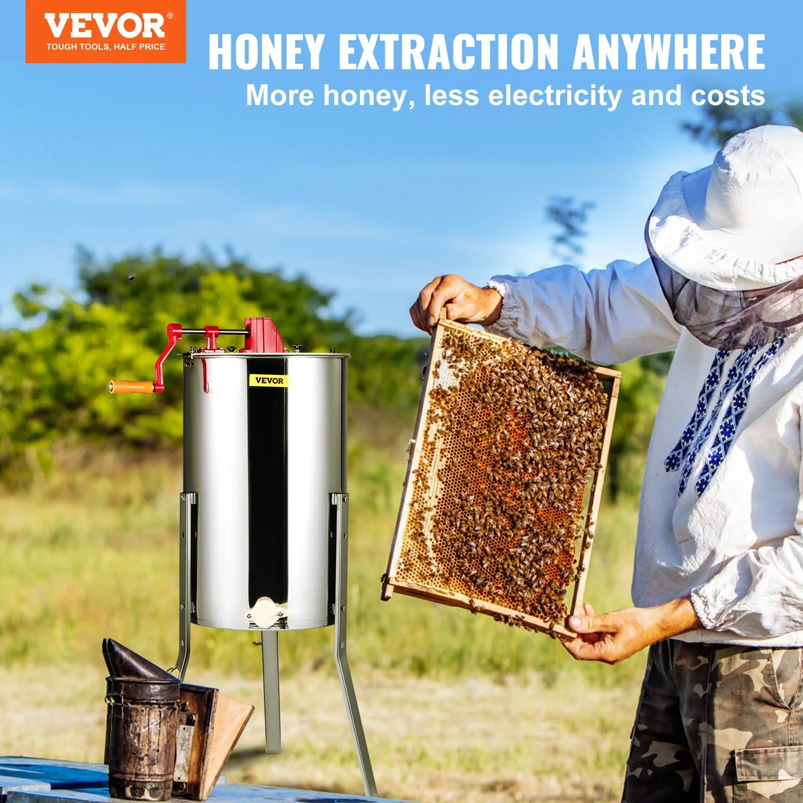 VEVOR Manual Honey Extractor, 3 Frames Honey Spinner Extractor, Stainless Steel Beekeeping Extraction, Honeycomb Drum Spinner with Lid, Apiary Centrifuge Equipment with Height Adjustable Stand