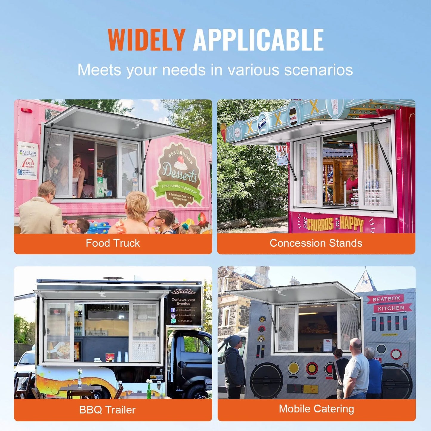 VEVOR Concession Window 48X36, Aluminum Alloy Food Truck Service Window with 4 Horizontal Sliding Windows & Awning Door & Drag Hook, up to 85 Degrees Serving Window for Food Truck Concession Trailer