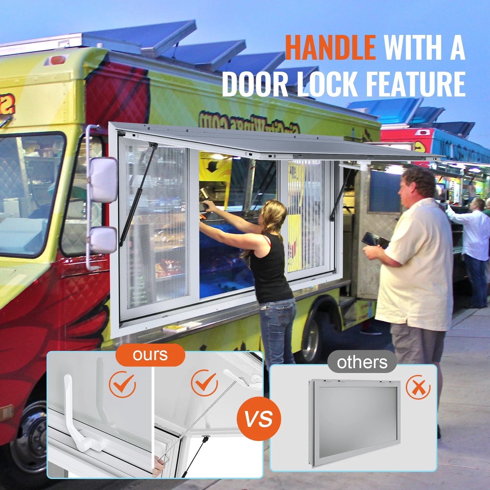 VEVOR Concession Window 48X36, Aluminum Alloy Food Truck Service Window with 4 Horizontal Sliding Windows & Awning Door & Drag Hook, up to 85 Degrees Serving Window for Food Truck Concession Trailer